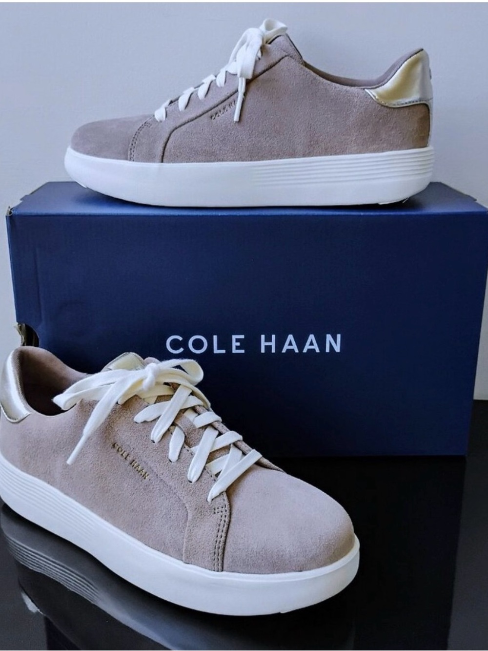 Cole Haan Taupe Suede Low-Top Sneakers with White Platform
